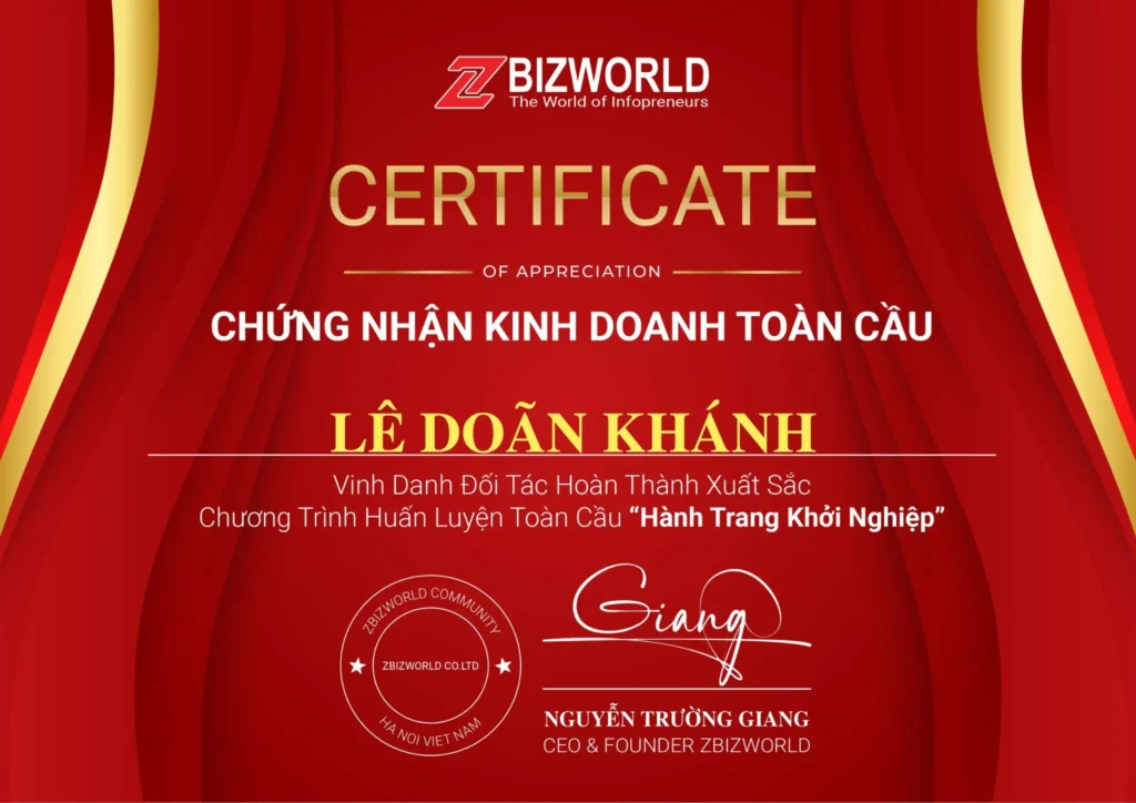 Chứng nhận Hành Trang Khởi Nghiệp của Lê Doãn Khánh